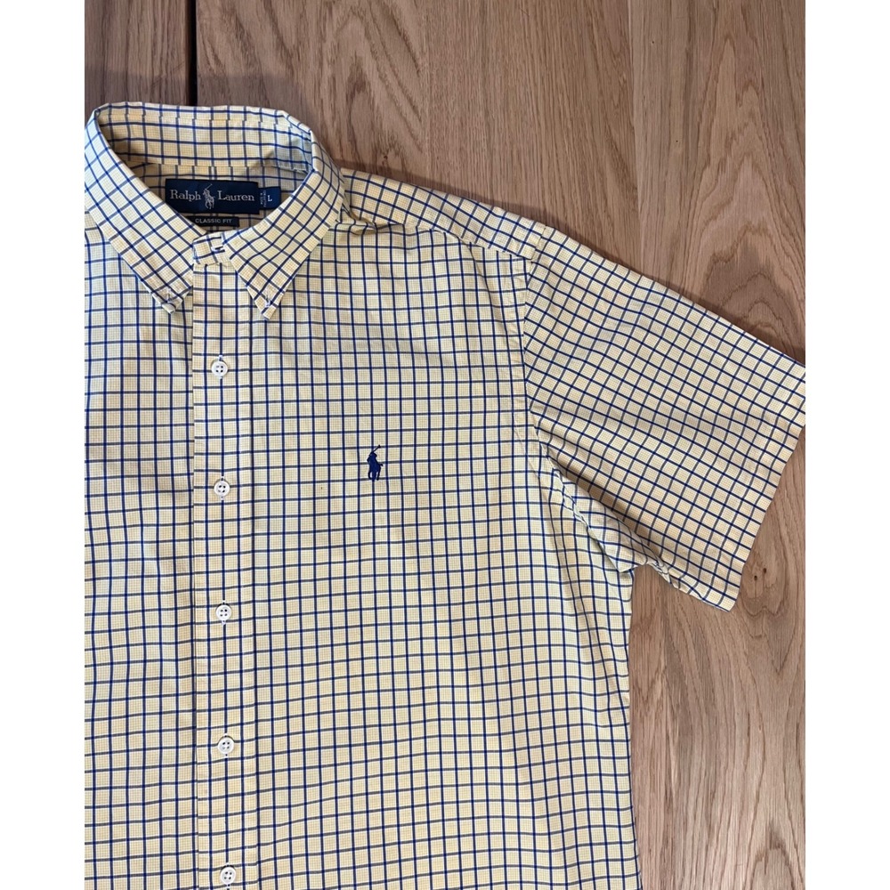 Ralph Lauren Vintage 90s Short Sleeve Large Yellow Blue Plaid Preppy‎ Classic